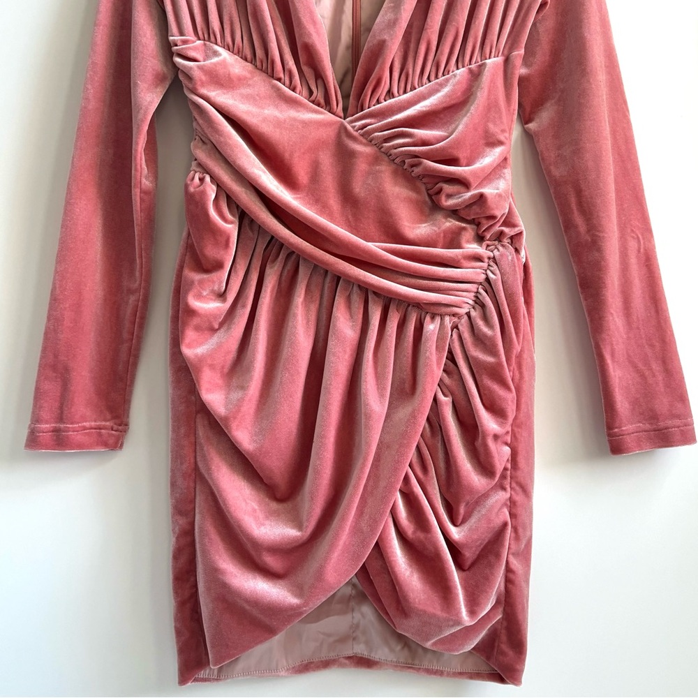 Miss Circle Velvet Velour Ruched Overlap Longsleeeve Mini Dress Salmon Pink - Picture 6 of 17